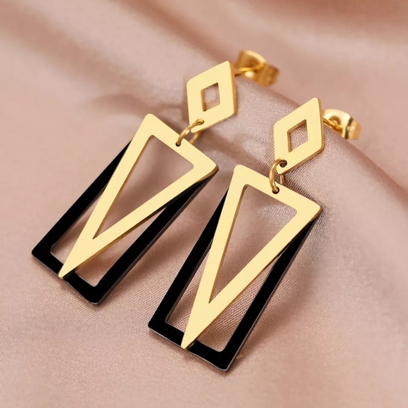Black Rectangle Inverted Triangle Dangle Earrings - Picture 3 of 6